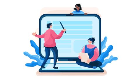 Illustration: Drei Menschen stehen und sitzen auf einem überlebensgroßen Tablet und lernen