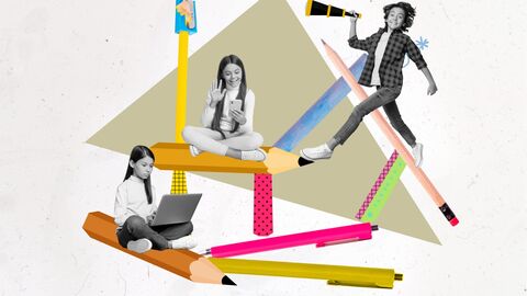 Collage: drei Kinder in schwarzweiß mit Handy und Laptop stehen und sitzen auf bunten Farbflächen und vergrößerten Stiften. 