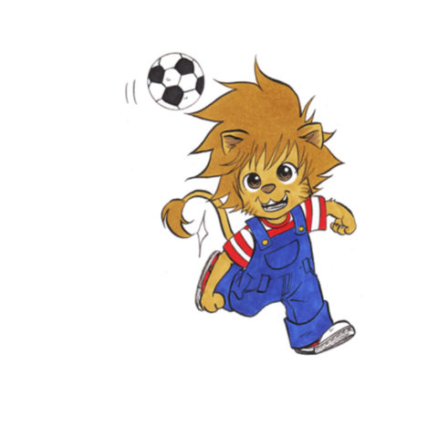 Löwen-Illustration: Lenni läuft lachend hinter einem hoch fliegenden Fußball her